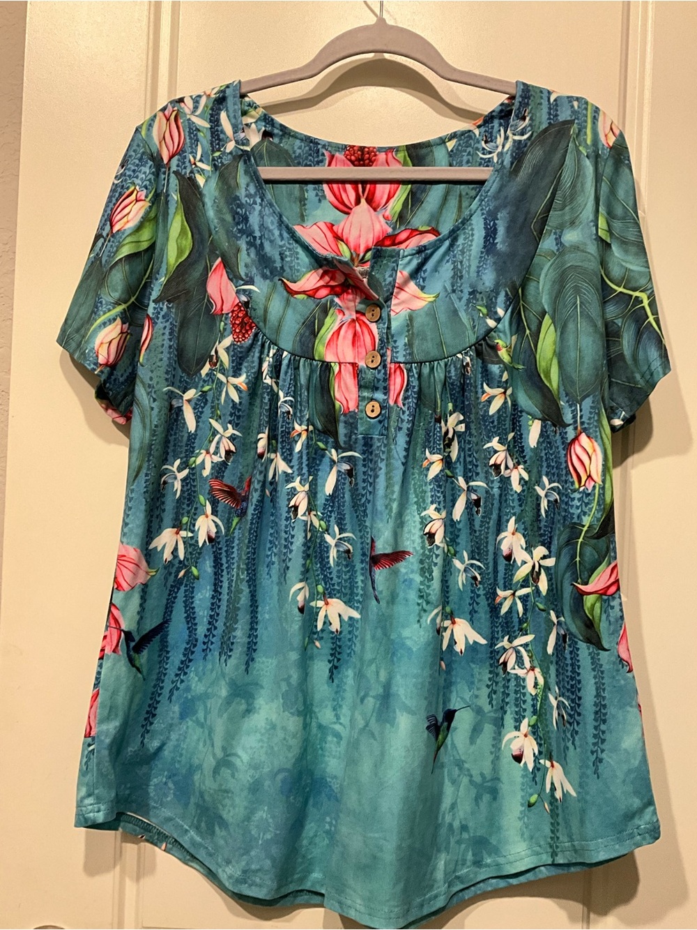 Women’s Teal Floral Short-Sleeve Blouse